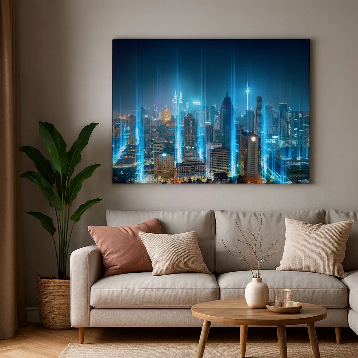 Bild auf Leinwand - Leinwandbild - Eine moderne Stadt bei Nacht mit futuristischen Lichtakzenten. - 70x50cm - Auf Berliner Art gegen den Himmel - Moderne Wanddekoration für Wohnzimmer und Schlafzimmer ARTTOR
