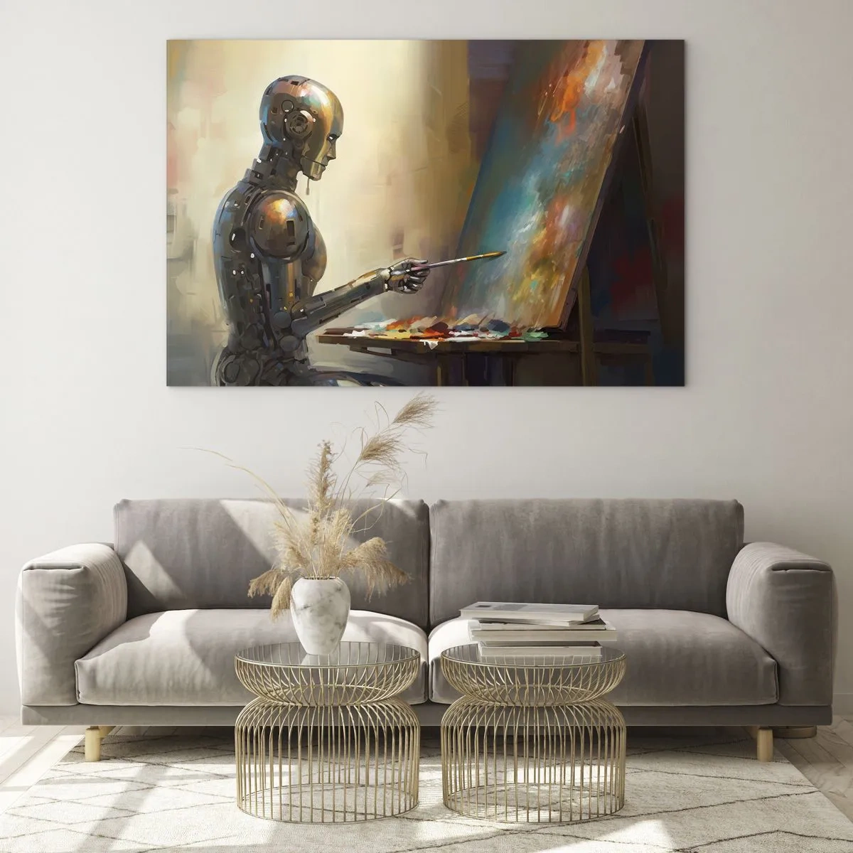 Glasbild - Bild auf glas - Ein Roboter malt ein Bild an einer Staffelei - 70x50cm - Die Kunst der Zukunft - Moderne Wanddekoration für Wohnzimmer und Schlafzimmer ARTTOR