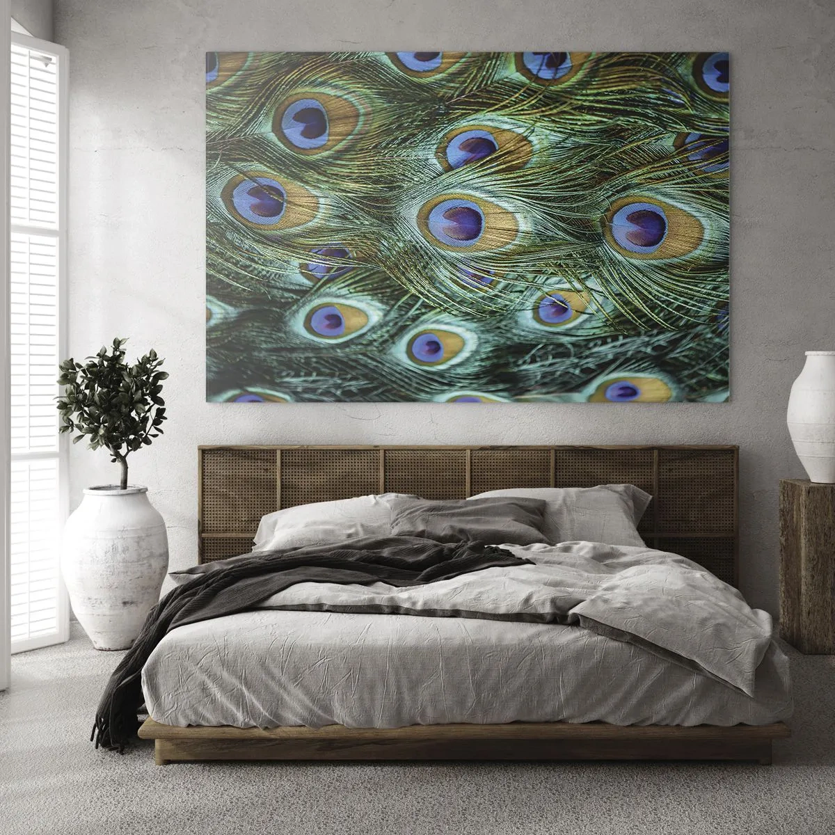 Glasbild - Bild auf glas - Detail von Pfauenfedern mit ausgeprägten Augen - 70x50cm - Ein Blick mit Pfauenaugen - Moderne Wanddekoration für Wohnzimmer und Schlafzimmer ARTTOR