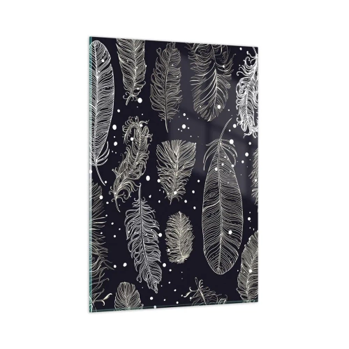 Glasbild - Bild auf glas - Zarte weiße Federn auf marineblauem Hintergrund - 80x120cm - Gefiederte Spitze - Moderne Wanddekoration für Wohnzimmer und Schlafzimmer ARTTOR