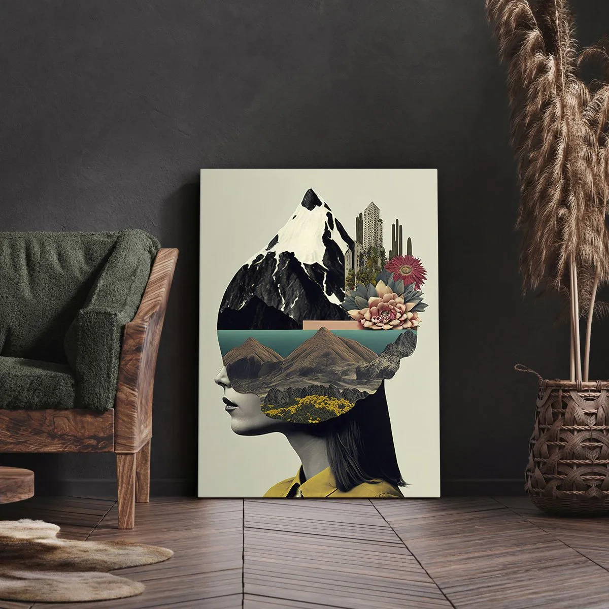 Bild auf Leinwand - Leinwandbild - Collage einer Frau mit Berglandschaft und Blumen - 50x70cm - Frau – bleibt immer ein Geheimnis - Moderne Wanddekoration für Wohnzimmer und Schlafzimmer ARTTOR
