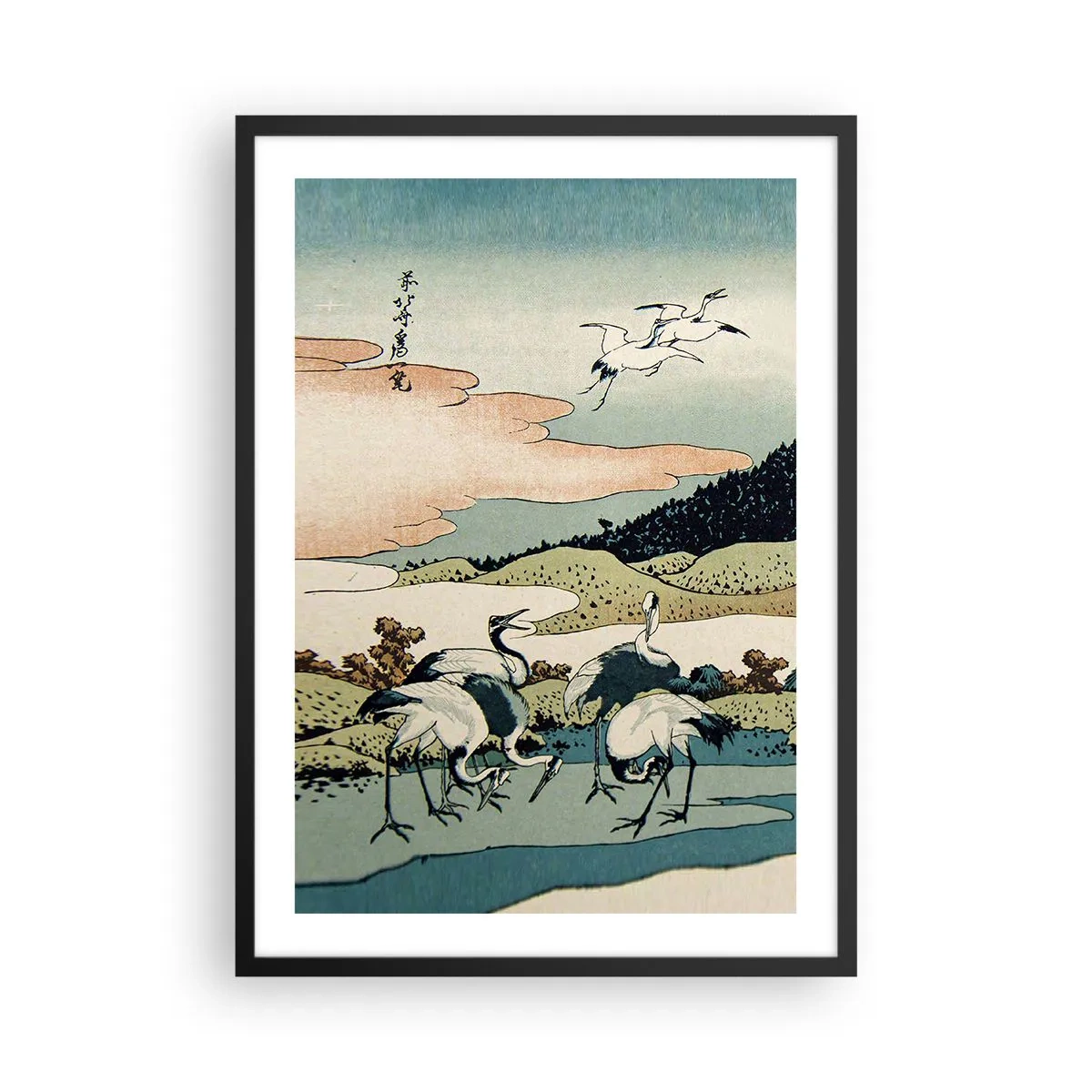 Poster in einem schwarzem Rahmen - Traditionelles japanisches Kunstwerk mit Kranichen in einer natürlichen Landschaft - 50x70cm - Im japanischen Geist - Moderne Wanddekoration für Wohnzimmer und Schlafzimmer ARTTOR