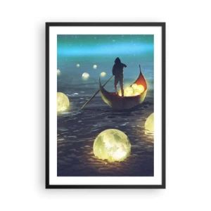 Poster in einem schwarzem Rahmen - Eine Figur auf einem Boot, umgeben von leuchtenden Kugeln auf dem Wasser - 50x70cm - Dinge, von denen Philosophen nie geträumt haben - Moderne Wanddekoration für Wohnzimmer und Schlafzimmer ARTTOR