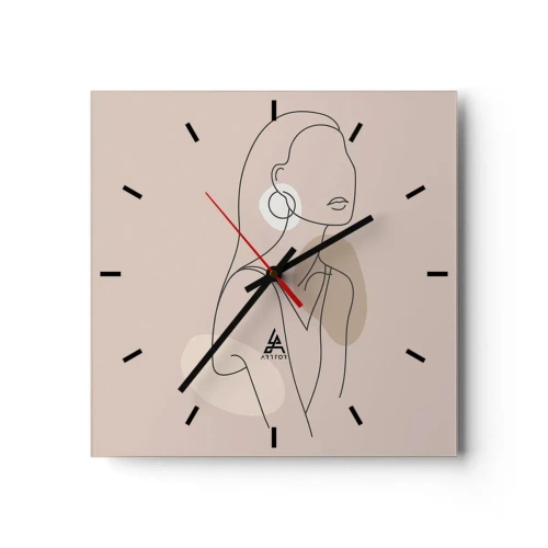 Wanduhr - Glasuhr - Minimalistische Illustration einer Frau mit Umrissen auf beigem Hintergrund - 30x30cm - Mädchenhafte Ikone - Moderne Wanddekoration für Wohnzimmer und Schlafzimmer ARTTOR