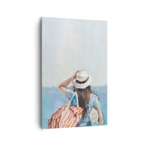 Bild auf Leinwand - Leinwandbild - Eine Frau mit Hut vor dem blauen Meer - 80x120cm - Willkommen in den Sommerferien - Moderne Wanddekoration für Wohnzimmer und Schlafzimmer ARTTOR