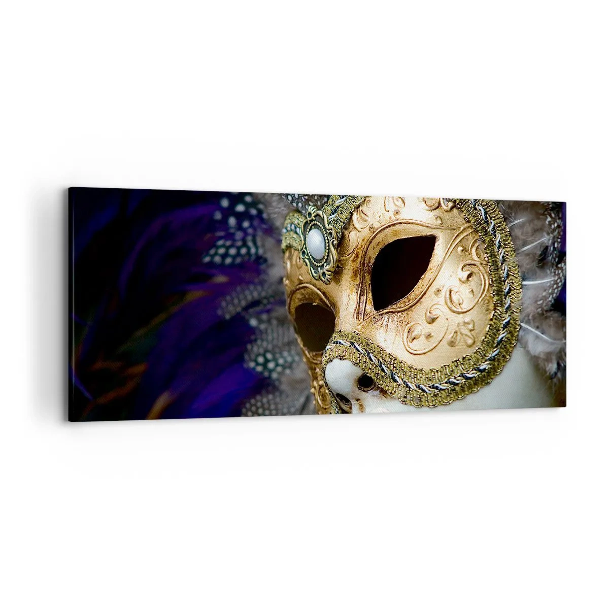Bild auf Leinwand - Leinwandbild - Goldene venezianische Maske mit dekorativen Federn und Ornamenten - 120x50cm - Venezianisches Porträt in Gold - Moderne Wanddekoration für Wohnzimmer und Schlafzimmer ARTTOR