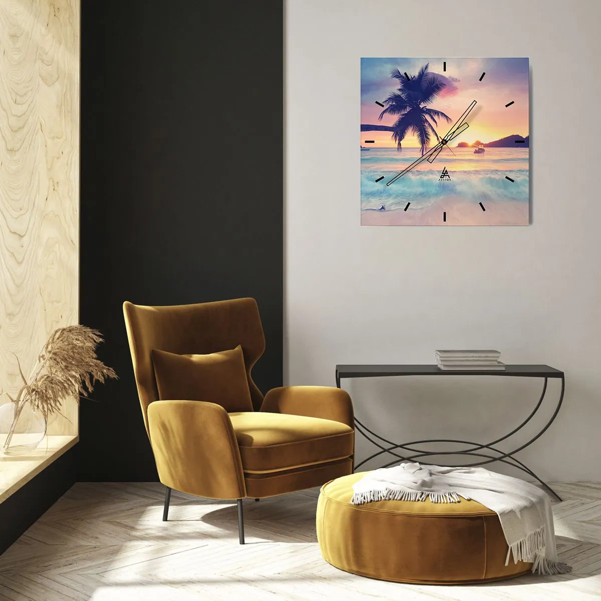 Wanduhr - Glasuhr - Strand mit Palmen und Sonnenuntergang über dem Meer - 30x30cm - Ein Abend in der Bucht - Moderne Wanddekoration für Wohnzimmer und Schlafzimmer ARTTOR