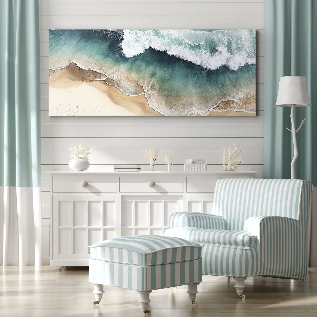 Bild auf Leinwand - Leinwandbild - Blick auf den Strand und die Meereswellen in Türkistönen - 160x50cm - Das ewige Treffen - Moderne Wanddekoration für Wohnzimmer und Schlafzimmer ARTTOR