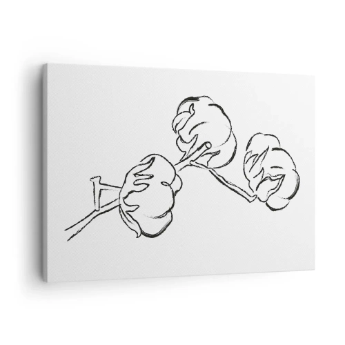 Bild auf Leinwand - Leinwandbild - Ein zarter Umriss eines Baumwollzweigs auf weißem Hintergrund - 70x50cm - Baumwolldaunen - Moderne Wanddekoration für Wohnzimmer und Schlafzimmer ARTTOR