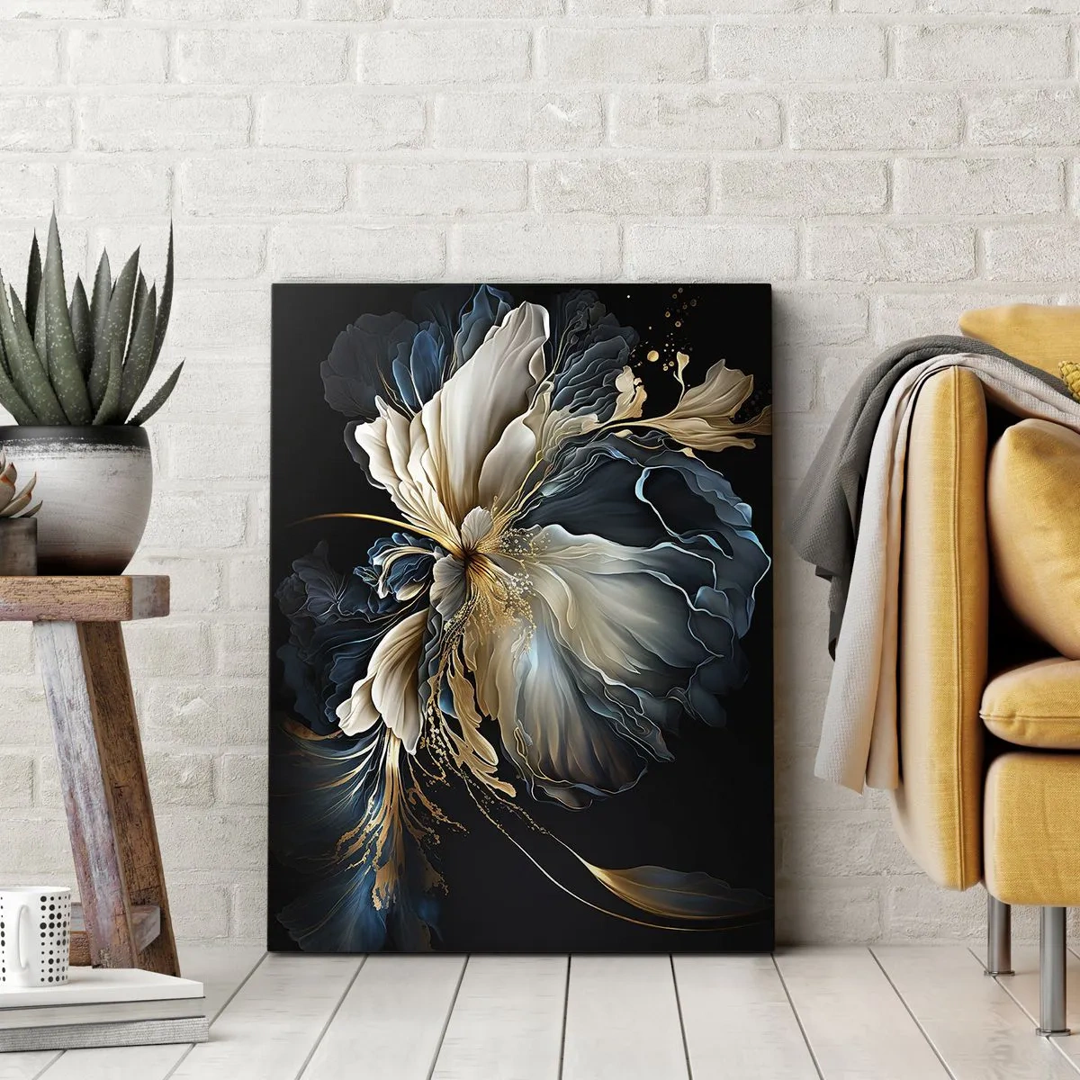 Bild auf Leinwand - Leinwandbild - Eine Blume in Gold- und Marineblautönen auf schwarzem Hintergrund - 70x100cm - Märchenhafte Farnblume - Moderne Wanddekoration für Wohnzimmer und Schlafzimmer ARTTOR