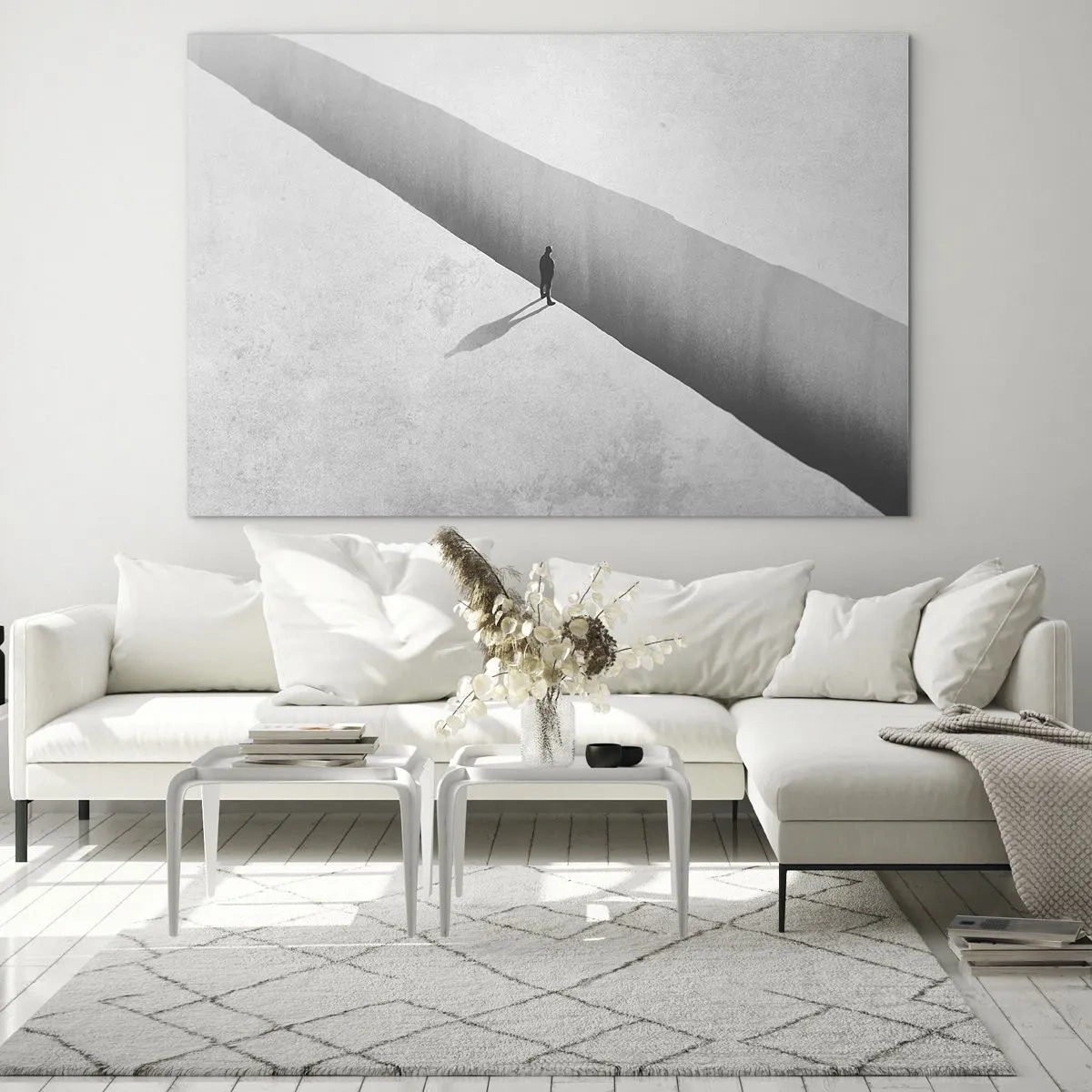 Glasbild - Bild auf glas - Eine minimalistische Silhouette über einem Abgrund in einem hellen Raum - 100x70cm - Klares Ziel - Moderne Wanddekoration für Wohnzimmer und Schlafzimmer ARTTOR