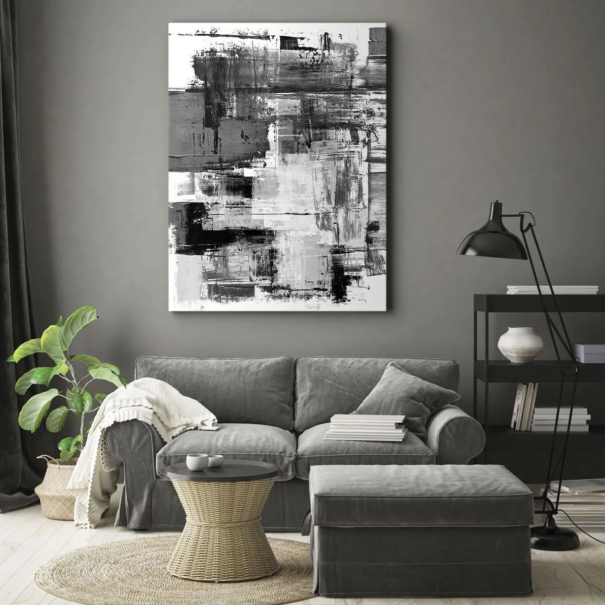 Bild auf Leinwand - Leinwandbild - Abstrakte Komposition in Schwarz, Weiß und Grau - 80x120cm - Wunderschönes Grau - Moderne Wanddekoration für Wohnzimmer und Schlafzimmer ARTTOR
