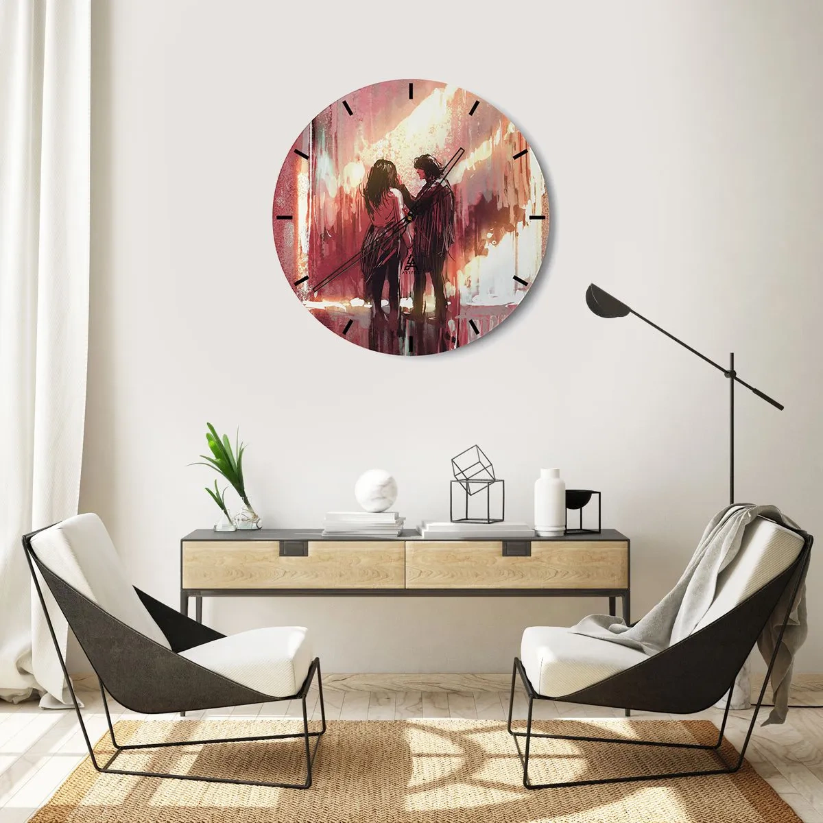 Wanduhr - Glasuhr - Silhouetten eines verliebten Paares vor dem Hintergrund abstrakten Lichts - 30x30cm - Das ewige Schauspiel der Liebe - Moderne Wanddekoration für Wohnzimmer, Küche und Schlafzimmer ARTTOR