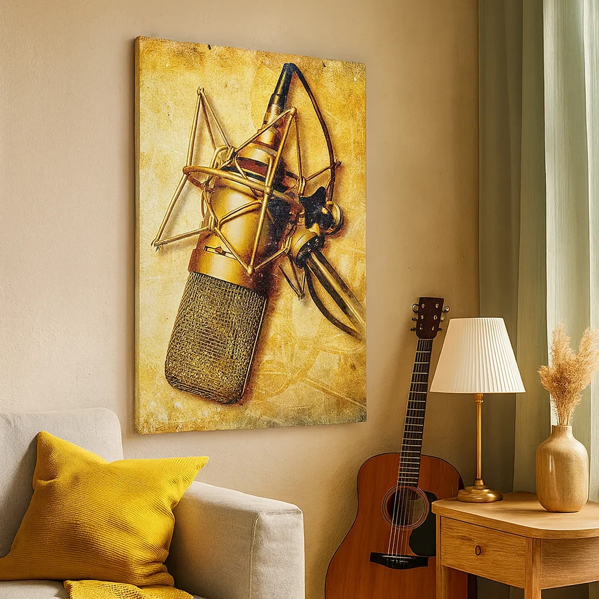 Bild auf Leinwand - Leinwandbild - Ein goldenes Studiomikrofon vor einem Vintage-Hintergrund in warmen Tönen. - 50x70cm - Die goldenen Jahre des Radios - Moderne Wanddekoration für Wohnzimmer und Schlafzimmer ARTTOR