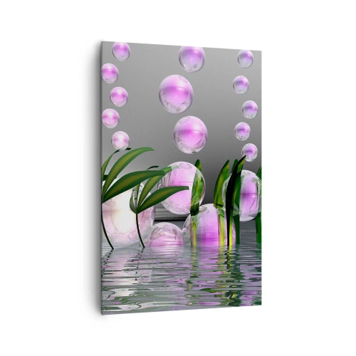 Bild auf Leinwand - Leinwandbild - Grüne Blätter und rosa Blasen über dem Wasser auf grauem Hintergrund - 80x120cm - Eine reflektierende Komposition aus Leichtigkeit und Leben - Moderne Wanddekoration für Wohnzimmer und Schlafzimmer ARTTOR