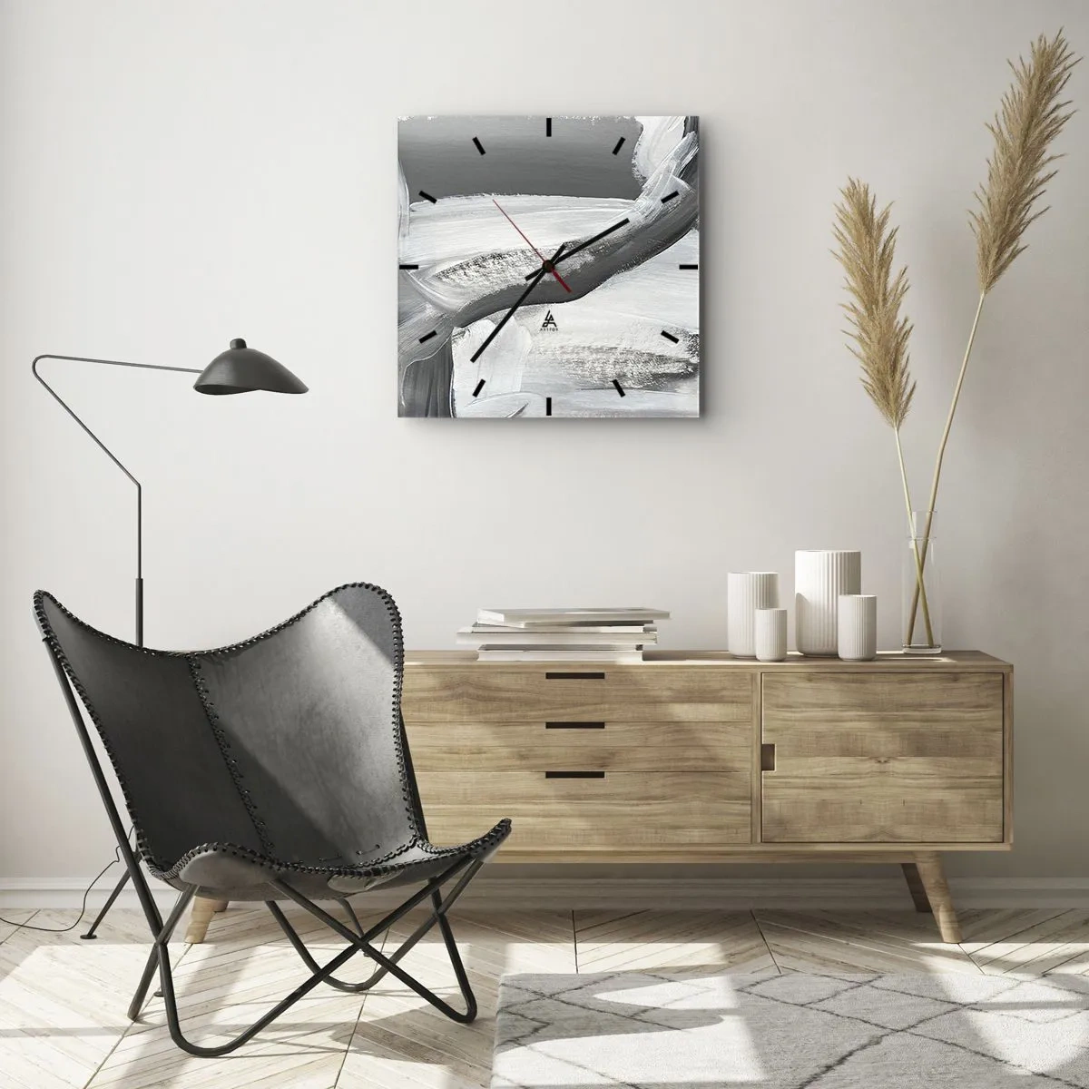 Wanduhr - Glasuhr - Grau-weiße Abstraktion mit dynamischen Linien - 30x30cm - Entscheidender Schritt - Moderne Wanddekoration für Wohnzimmer und Schlafzimmer ARTTOR
