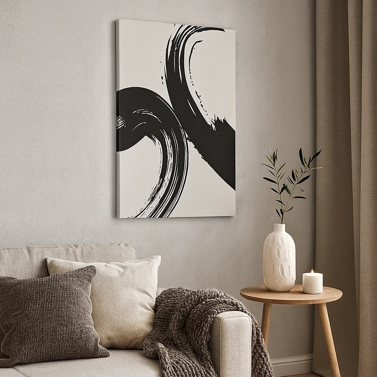 Bild auf Leinwand - Leinwandbild - Dynamische Pinselstriche in Schwarz auf hellem Hintergrund - 50x70cm - Ausladend und kreisförmig - Moderne Wanddekoration für Wohnzimmer und Schlafzimmer ARTTOR