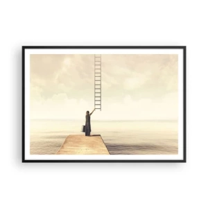 Poster in einem schwarzem Rahmen - Eine Frau steht auf einem Pier mit einer Leiter, die in den Himmel führt - 100x70cm - Eine magische Reise - Moderne Wanddekoration für Wohnzimmer und Schlafzimmer ARTTOR