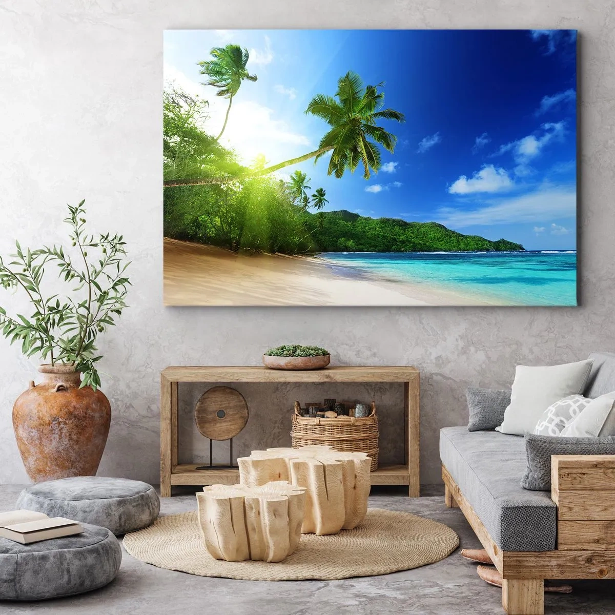 Bild auf Leinwand - Leinwandbild - Tropischer Strand mit Palmen und türkisfarbenem Meer - 100x70cm - Die sanfte Berührung der Tropen - Moderne Wanddekoration für Wohnzimmer und Schlafzimmer ARTTOR