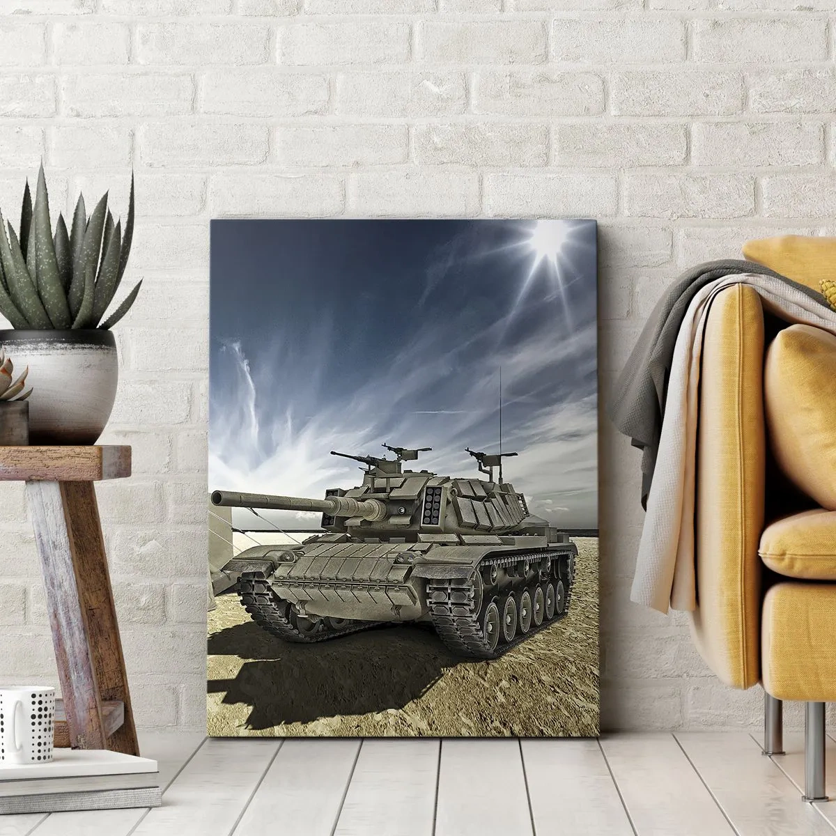 Bild auf Leinwand - Leinwandbild - Ein Panzer neben einem Militärzelt in einer Wüstengegend - 70x100cm - Ein militärischer Traum - Moderne Wanddekoration für Wohnzimmer und Schlafzimmer ARTTOR