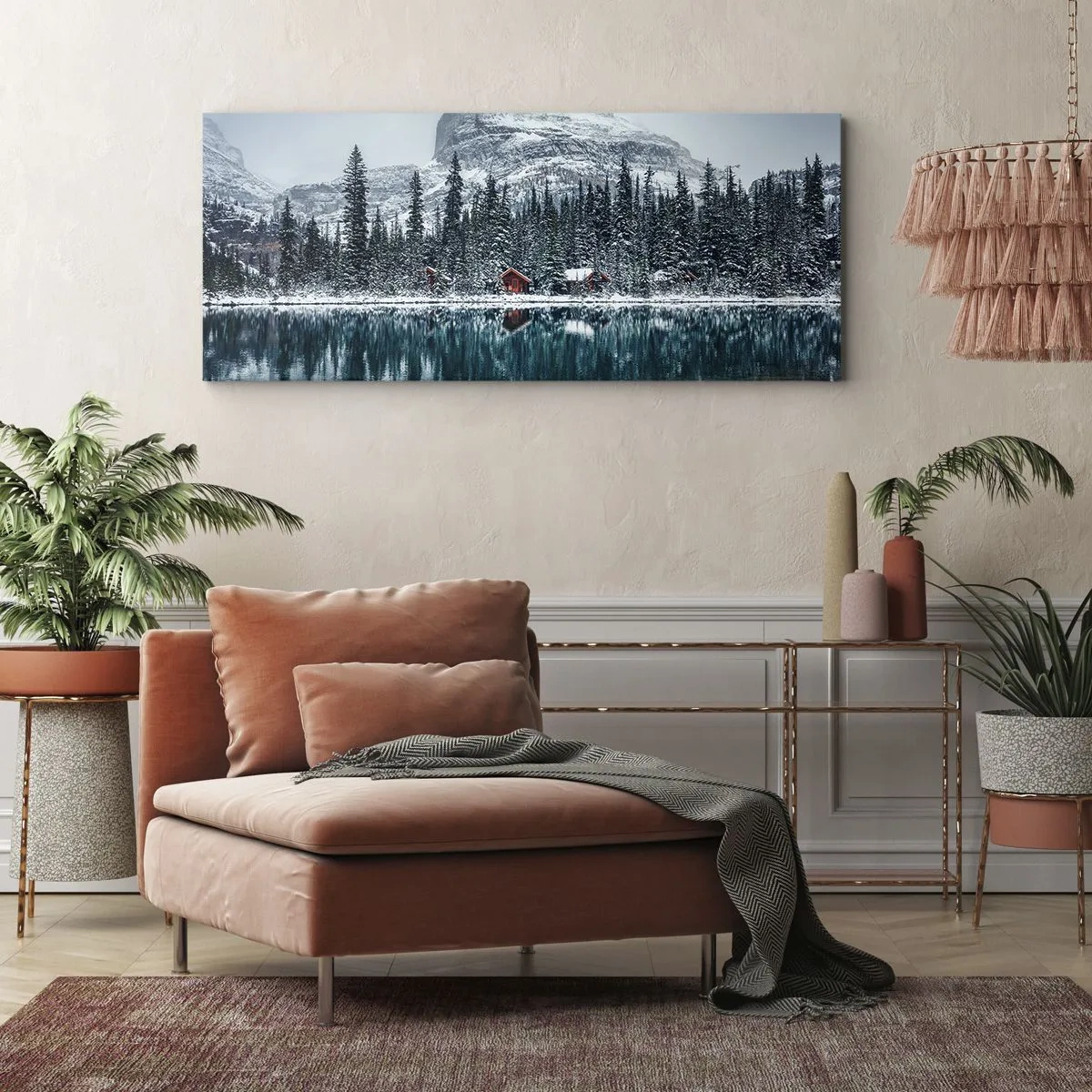 Bild auf Leinwand - Leinwandbild - Winterlandschaft mit Hütten im Wald an einem zugefrorenen See - 120x50cm - Kanadischer Rückzug - Moderne Wanddekoration für Wohnzimmer und Schlafzimmer ARTTOR
