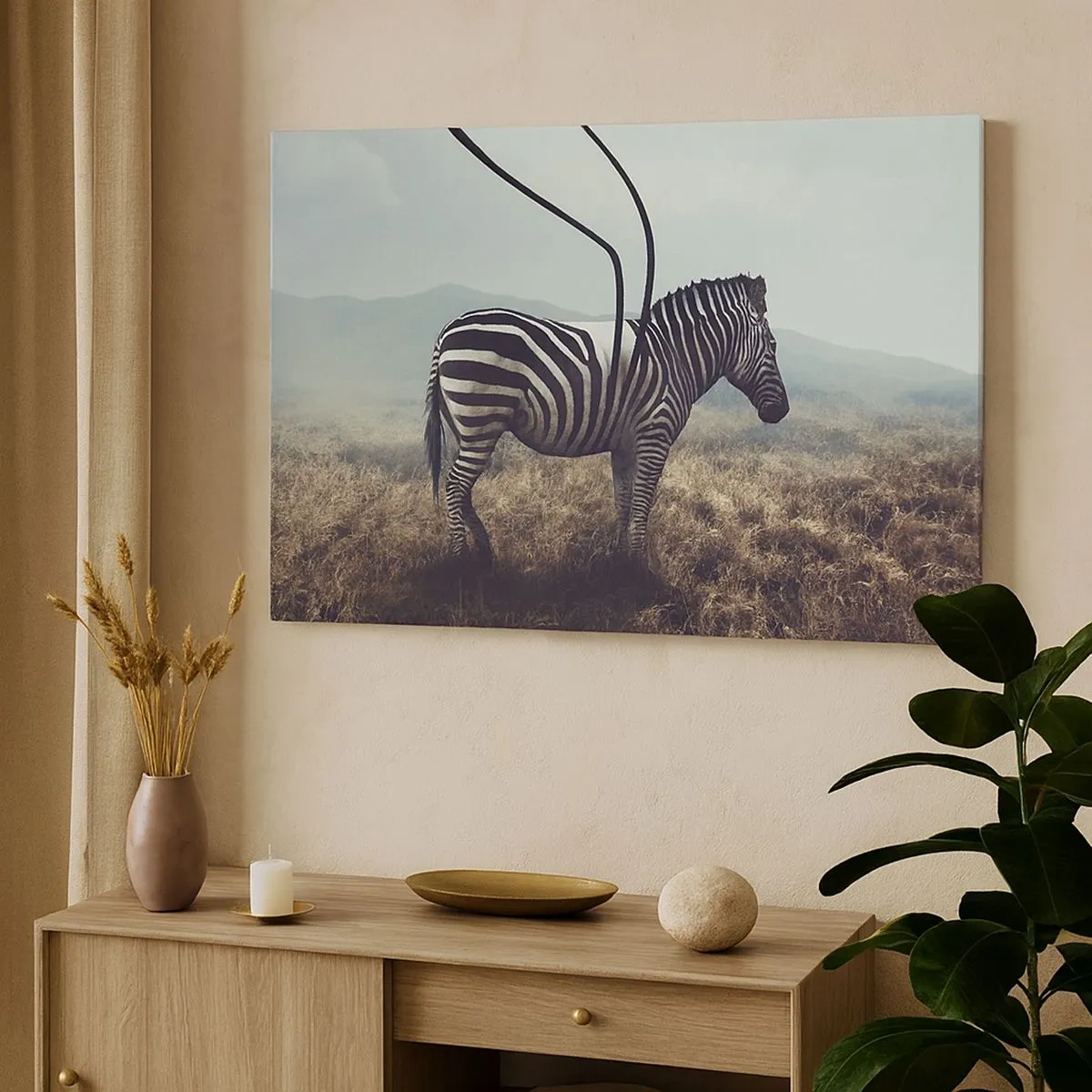 Bild auf Leinwand - Leinwandbild - Ein surreales Zebra vor einer grasbewachsenen Landschaft - 70x50cm - Achtung! Fehler - Moderne Wanddekoration für Wohnzimmer und Schlafzimmer ARTTOR