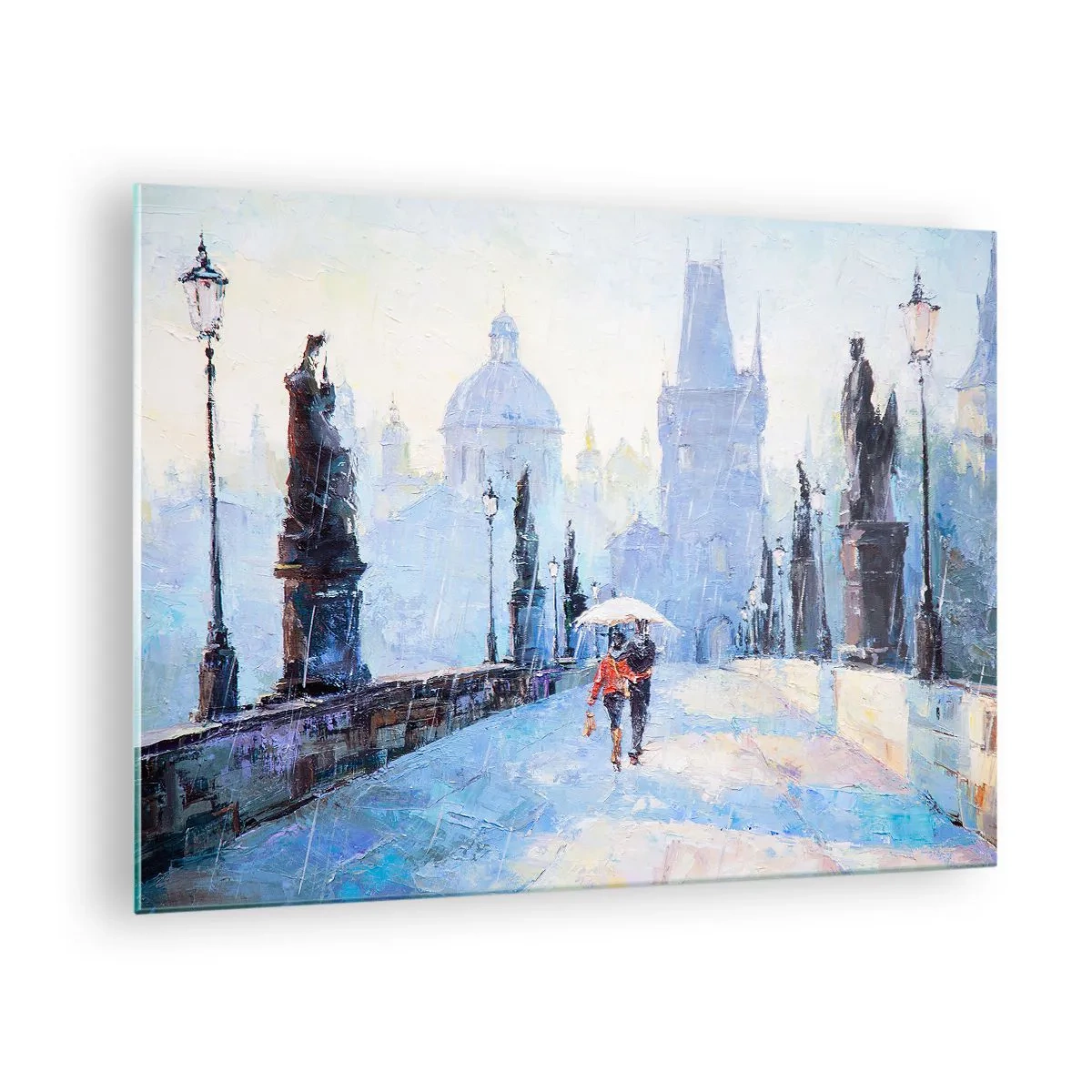 Glasbild - Bild auf glas - An einem regnerischen Tag mit einem Regenschirm über eine historische Brücke spazieren - 70x50cm - Der Regen muss uns verzaubert haben - Moderne Wanddekoration für Wohnzimmer und Schlafzimmer ARTTOR
