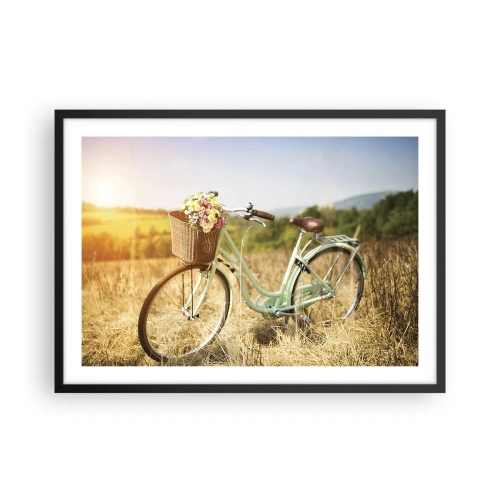 Poster in einem schwarzem Rahmen - Ein Retro-Fahrrad mit einem Korb voller Blumen vor einem Wiesenhintergrund. - 70x50cm - Ich bleibe eine Weile hier - Moderne Wanddekoration für Wohnzimmer und Schlafzimmer ARTTOR