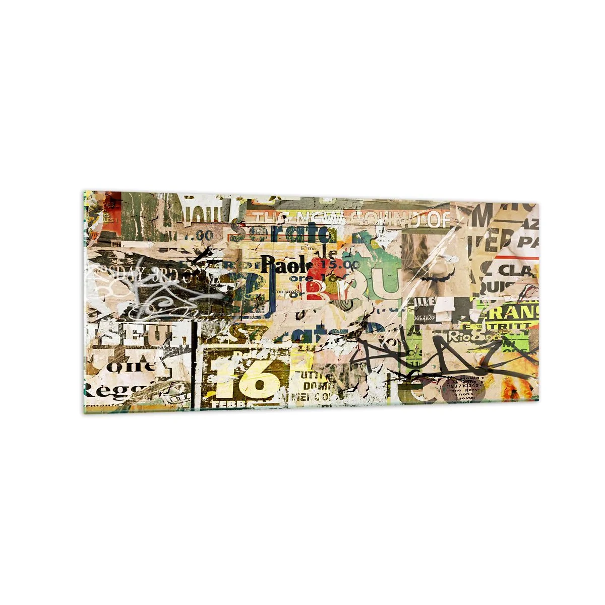 Glasbild - Bild auf glas - Eine Collage aus Zeitungs- und Plakatfragmenten im künstlerischen Stil. - 120x50cm - Ach, es passiert... - Moderne Wanddekoration für Wohnzimmer und Schlafzimmer ARTTOR