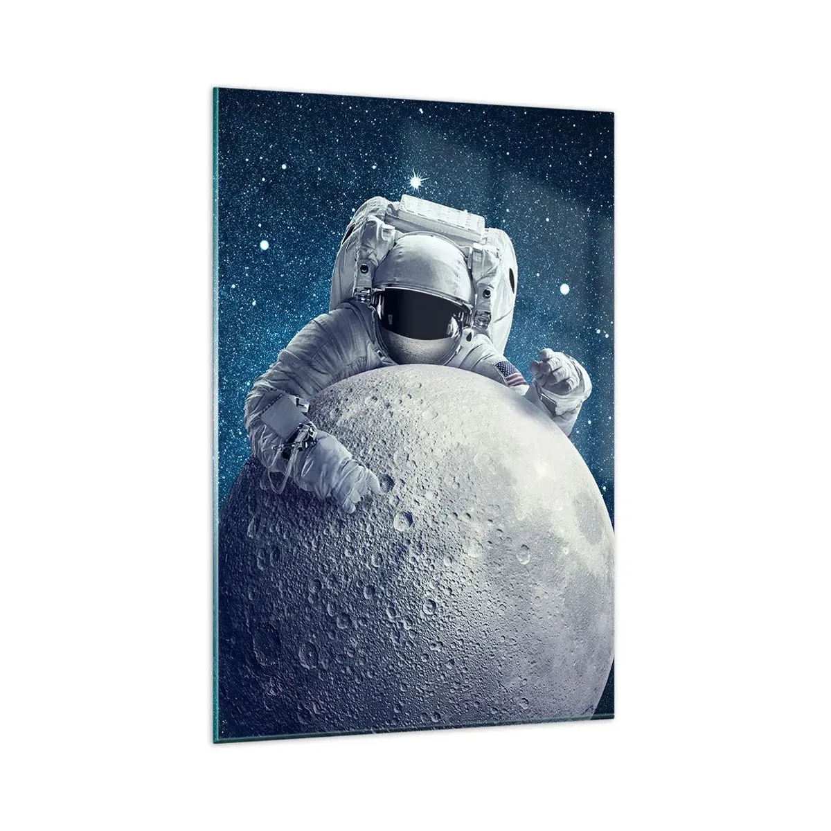 Glasbild - Bild auf glas - Astronaut hält den Mond vor einem Sternenhimmel - 80x120cm - Weltraumjoker - Moderne Wanddekoration für Wohnzimmer und Schlafzimmer ARTTOR