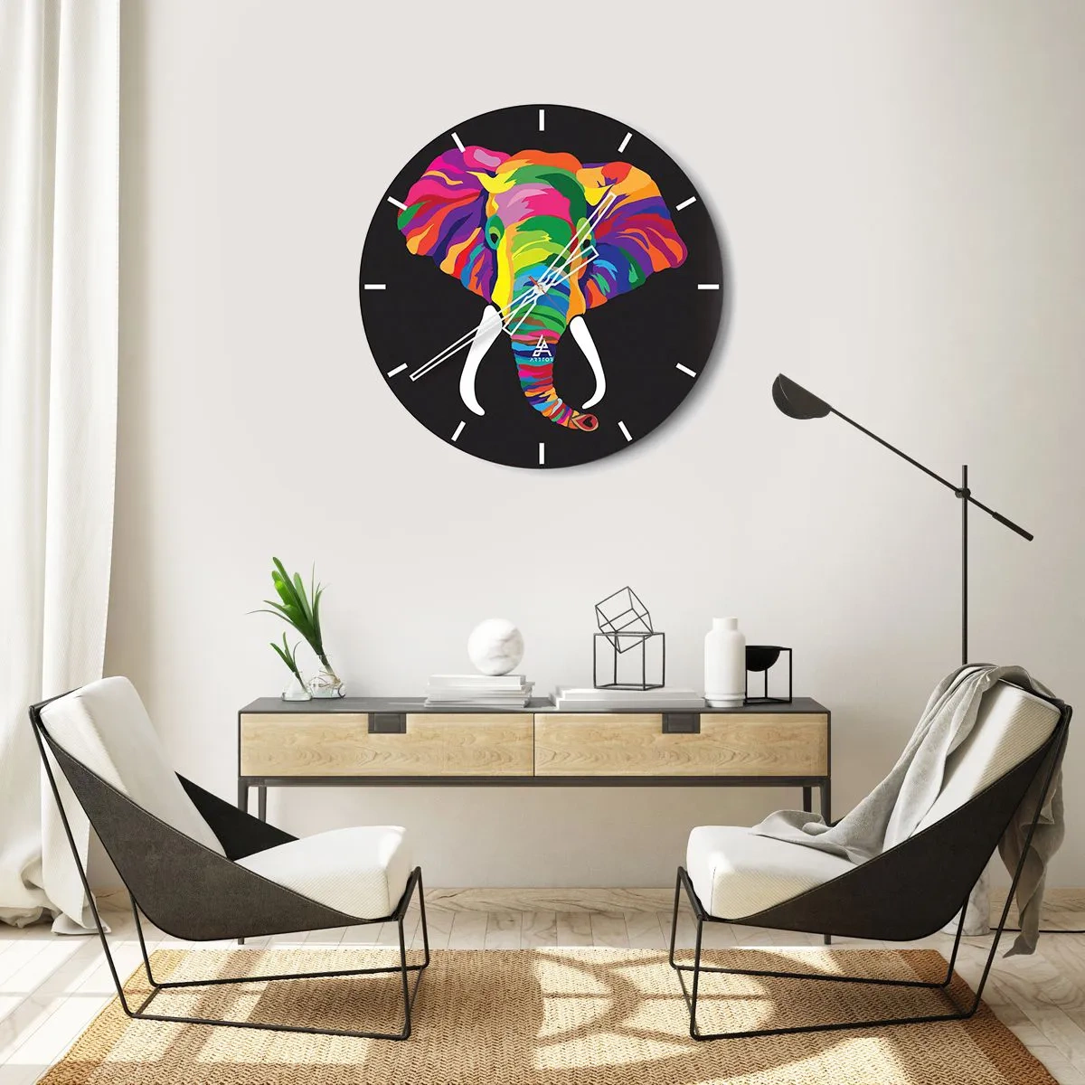 Wanduhr - Glasuhr - Bunter Elefant auf schwarzem Hintergrund - 30x30cm - Der Elefant, der es liebte, im Regenbogen zu baden - Moderne Wanddekoration für Wohnzimmer, Küche und Schlafzimmer ARTTOR