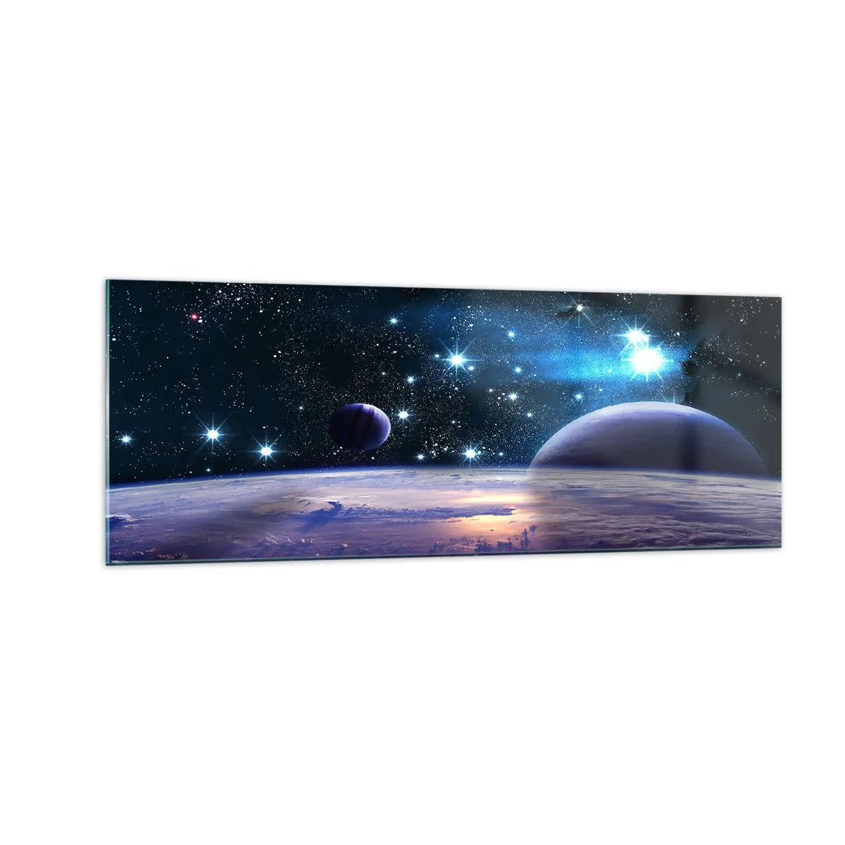 Glasbild - Bild auf glas - Ein Blick in den Weltraum mit Planeten und Sternen - 140x50cm - Noch allein? - Moderne Wanddekoration für Wohnzimmer und Schlafzimmer ARTTOR