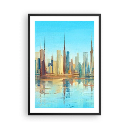 Poster in einem schwarzem Rahmen - Farbenfrohes Stadtpanorama mit Spiegelung im Wasser - 50x70cm - Sonnige Metropole - Moderne Wanddekoration für Wohnzimmer und Schlafzimmer ARTTOR