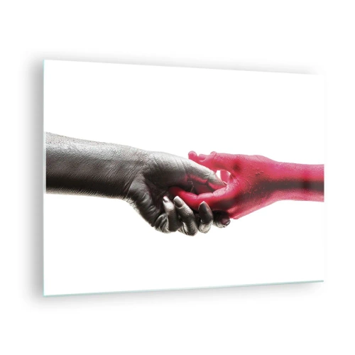 Glasbild - Bild auf glas - Nahaufnahme von zwei Händen, eine in Schwarz, die andere in Rot, die sich gegenseitig halten - 70x50cm - Gemeinsam, obwohl anders - Moderne Wanddekoration für Wohnzimmer und Schlafzimmer ARTTOR