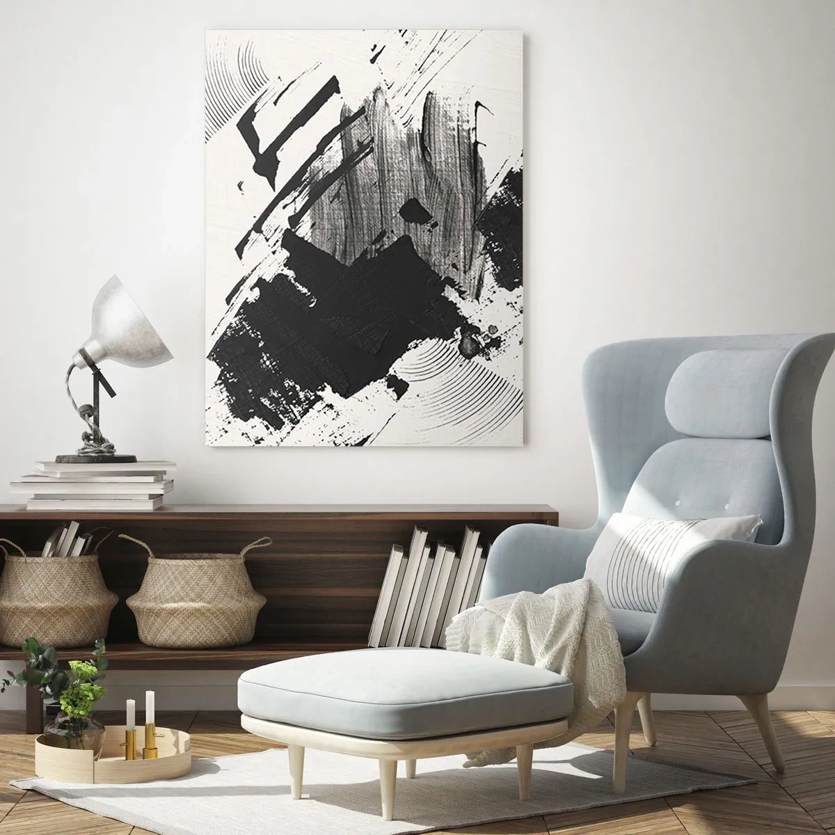 Glasbild - Bild auf glas - Ausdrucksstarke Abstraktion in Schwarzweiß mit dynamischen Strichen. - 50x70cm - Abstraktion – Ausdruck von Schwarz - Moderne Wanddekoration für Wohnzimmer und Schlafzimmer ARTTOR