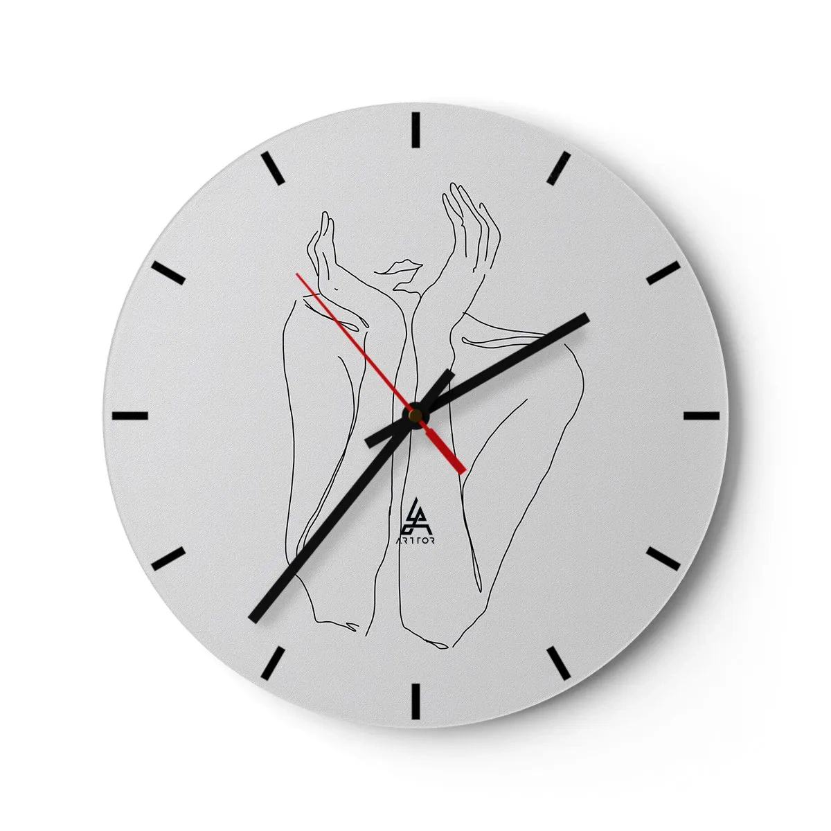 Wanduhr - Glasuhr - Eine minimalistische Zeichnung einer Hand und eines Mundes auf weißem Hintergrund. - 30x30cm - Wovon Mädchen träumen - Moderne Wanddekoration für Wohnzimmer, Küche und Schlafzimmer ARTTOR