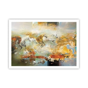 Poster - Künstlerische Pferde in einer dynamischen, farbenfrohen Umgebung - 100x70cm - Im Galopp durch das Licht - Moderne Wanddekoration für Wohnzimmer und Schlafzimmer ARTTOR