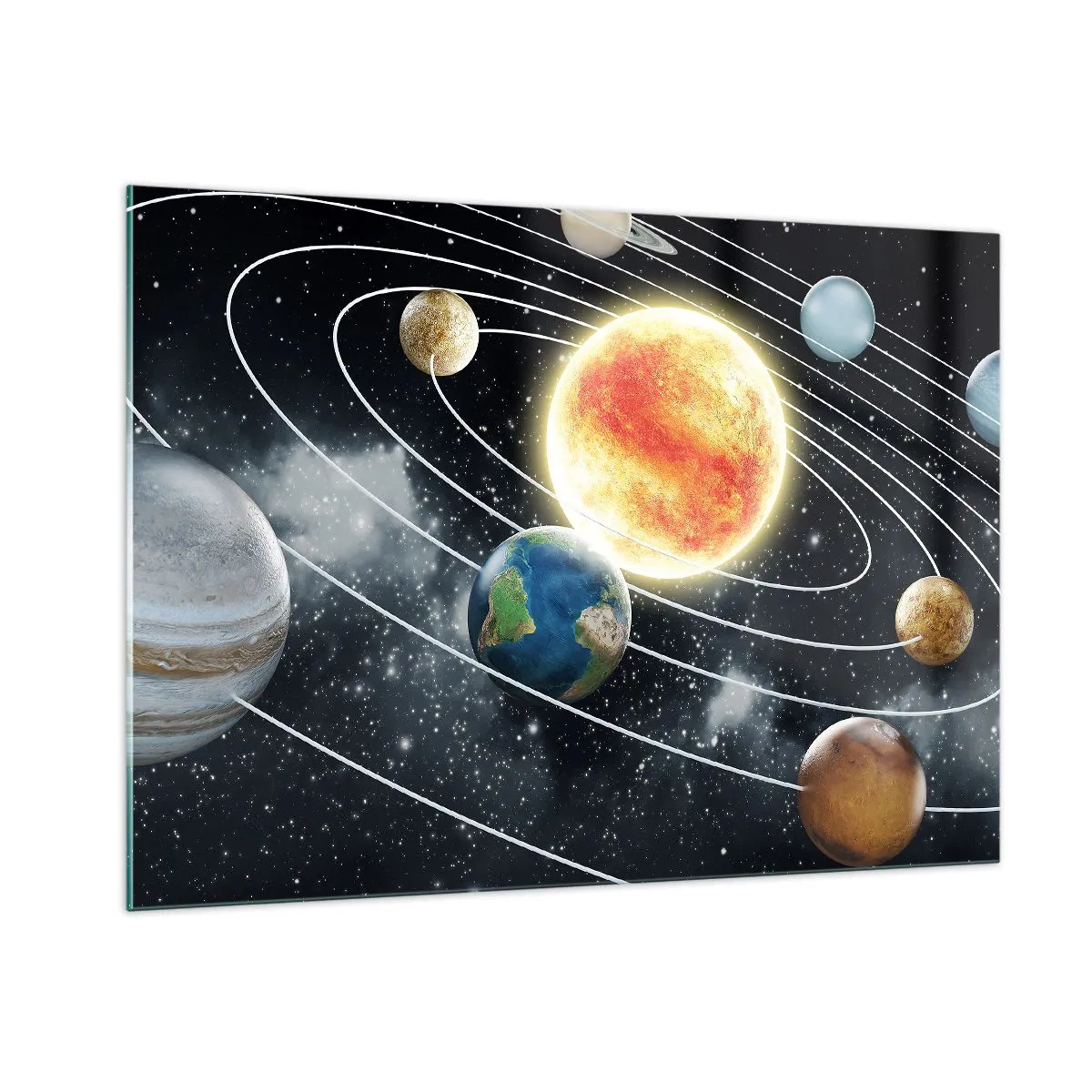 Glasbild - Bild auf glas - Das Sonnensystem mit Planeten und Umlaufbahnen vor dem Hintergrund des Weltraums - 100x70cm - Kosmischer Tanz - Moderne Wanddekoration für Wohnzimmer und Schlafzimmer ARTTOR