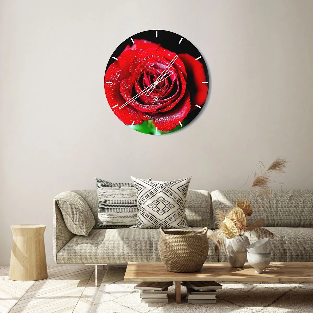 Wanduhr - Glasuhr - Eine rote Rose mit Tautropfen bedeckt - 30x30cm - Das ist Liebe - Moderne Wanddekoration für Wohnzimmer, Küche und Schlafzimmer ARTTOR