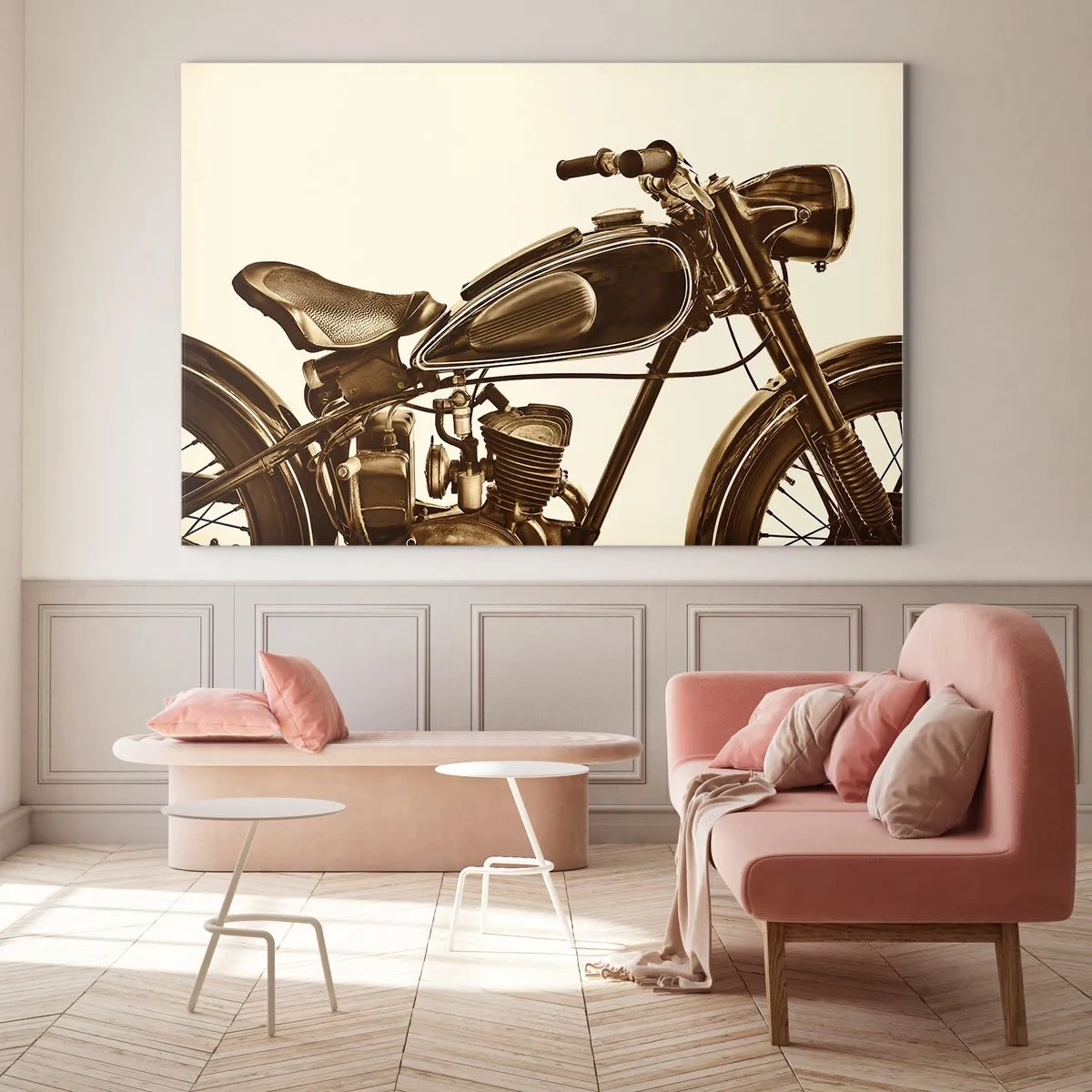 Glasbild - Bild auf glas - Stilvolles Retro-Motorrad in Sepia-Tönen auf hellem Hintergrund - 100x70cm - Sehnsucht nach den Klassikern - Moderne Wanddekoration für Wohnzimmer und Schlafzimmer ARTTOR