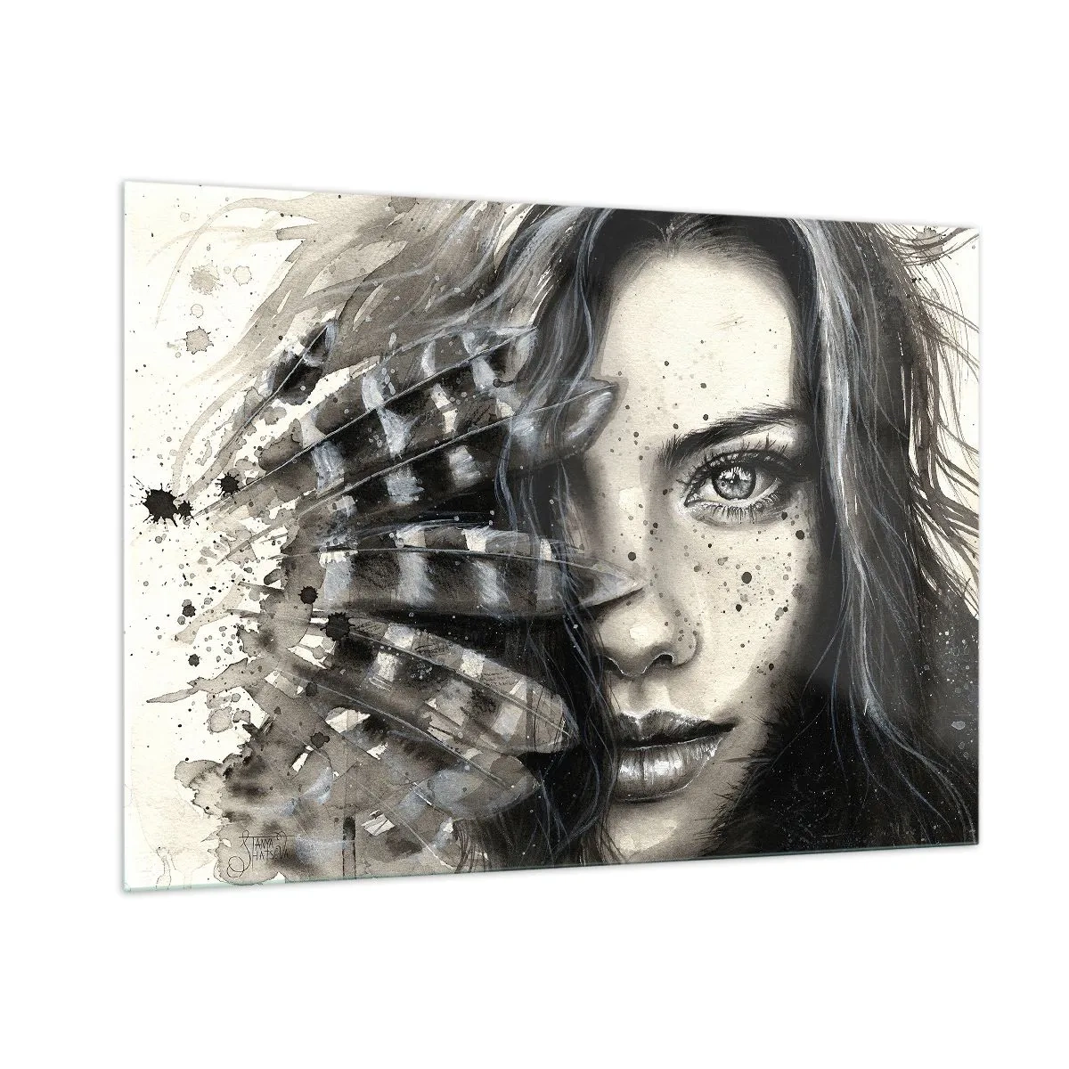 Glasbild - Bild auf glas - Porträt einer Frau mit Federn und abstrakten Details - 100x70cm - Wilde Schönheit - Moderne Wanddekoration für Wohnzimmer und Schlafzimmer ARTTOR