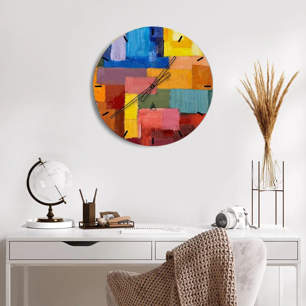 Wanduhr - Glasuhr - Bunte Rechtecke mit einer Ölfarbenstruktur auf dem Zifferblatt - 30x30cm - Jeder ist anders, alle bunt - Moderne Wanddekoration für Wohnzimmer, Küche und Schlafzimmer ARTTOR