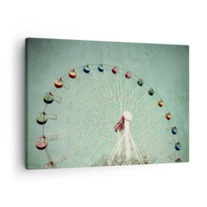 Bild auf Leinwand - Leinwandbild - Ein buntes Riesenrad vor blauem Himmel im Retro-Stil - 70x50cm - Wir laden zum Spiel ein - Moderne Wanddekoration für Wohnzimmer und Schlafzimmer ARTTOR