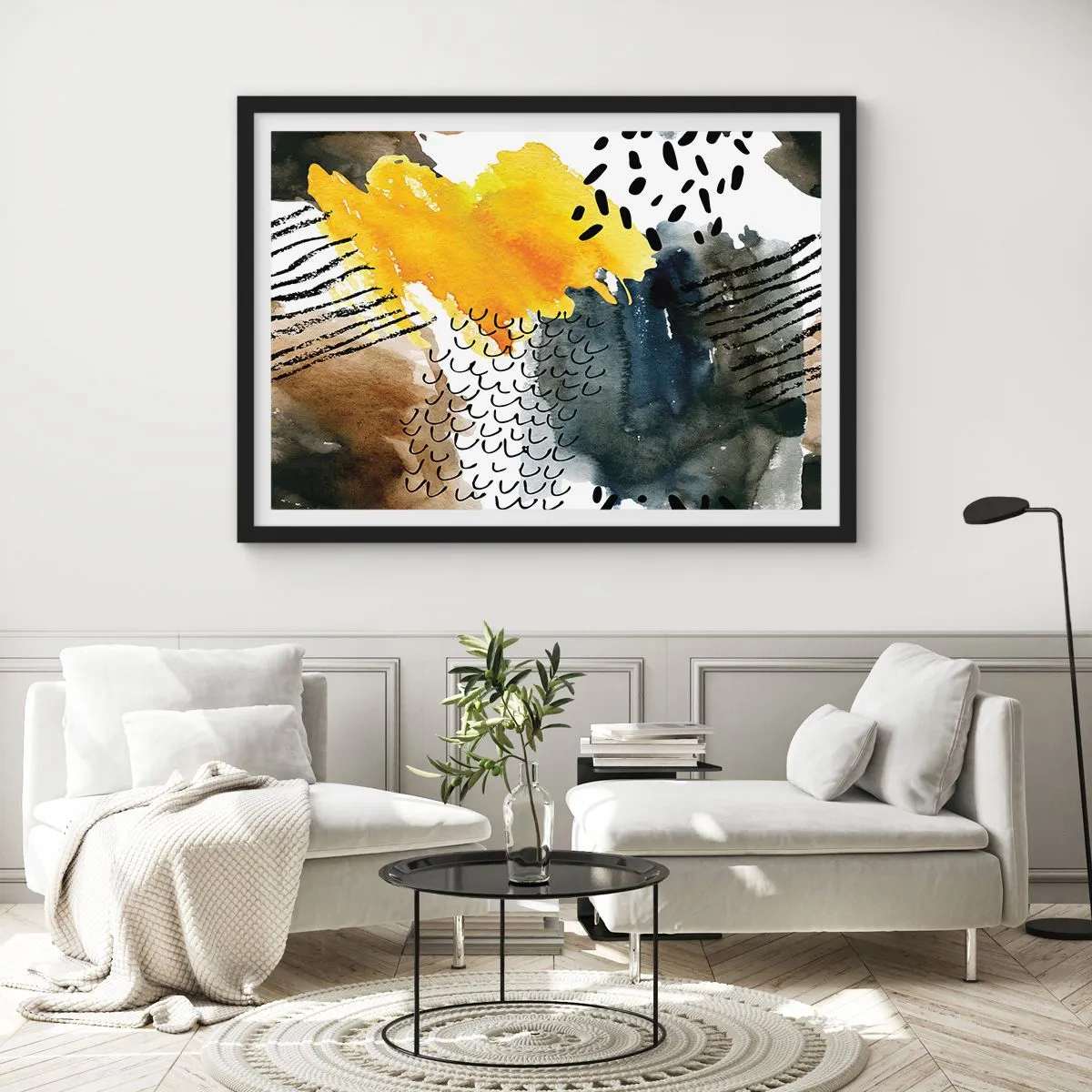 Poster in einem schwarzem Rahmen - Eine abstrakte Komposition mit gelben Akzenten und grafischen Mustern. - 100x70cm - Ein Treffen der Elemente der Natur - Moderne Wanddekoration für Wohnzimmer und Schlafzimmer ARTTOR