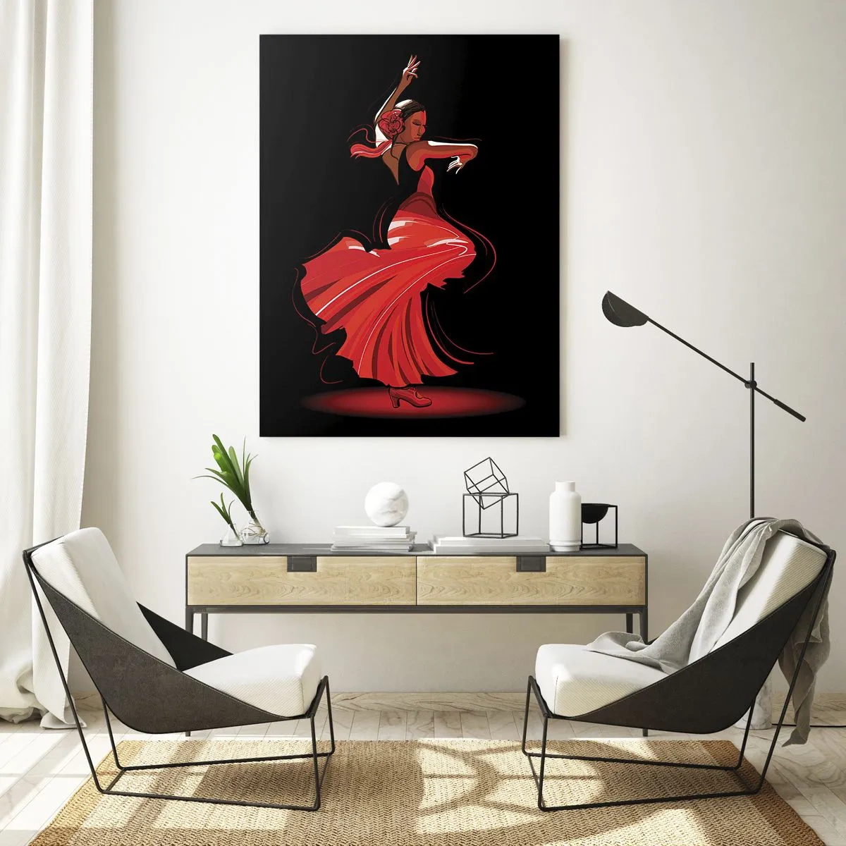 Glasbild - Bild auf glas - Flamenco-Tänzerin in einem roten Kleid vor schwarzem Hintergrund - 50x70cm - Der feurige Geist des Flamenco - Moderne Wanddekoration für Wohnzimmer und Schlafzimmer ARTTOR