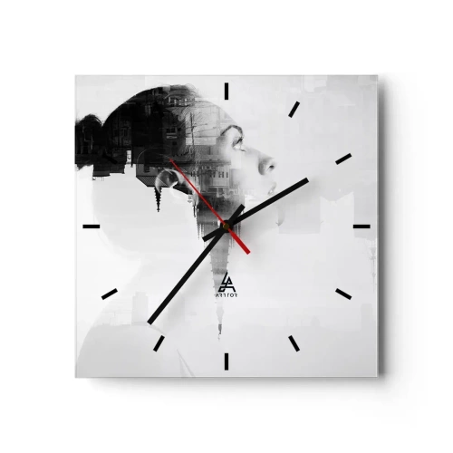 Wanduhr - Glasuhr - Porträt einer Frau mit den Umrissen einer Stadt im Hintergrund, schwarz-weiße Farben - 30x30cm - Auf beiden Seiten des Glases - Moderne Wanddekoration für Wohnzimmer und Schlafzimmer ARTTOR