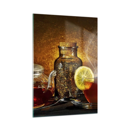 Glasbild - Bild auf glas - Eine Teekanne aus Glas und eine Tasse Tee mit Zitrone - 50x70cm - Im Stil der niederländischen Meister - Moderne Wanddekoration für Wohnzimmer und Schlafzimmer ARTTOR
