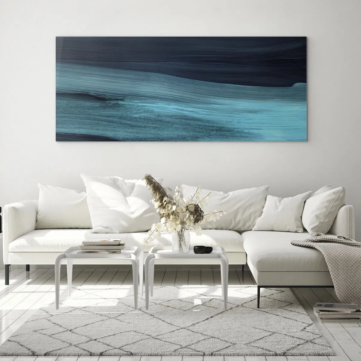 Glasbild - Bild auf glas - Dezente abstrakte Wellen in dunklen Blautönen - 160x50cm - Gehen Sie mit dem Strom - Moderne Wanddekoration für Wohnzimmer und Schlafzimmer ARTTOR