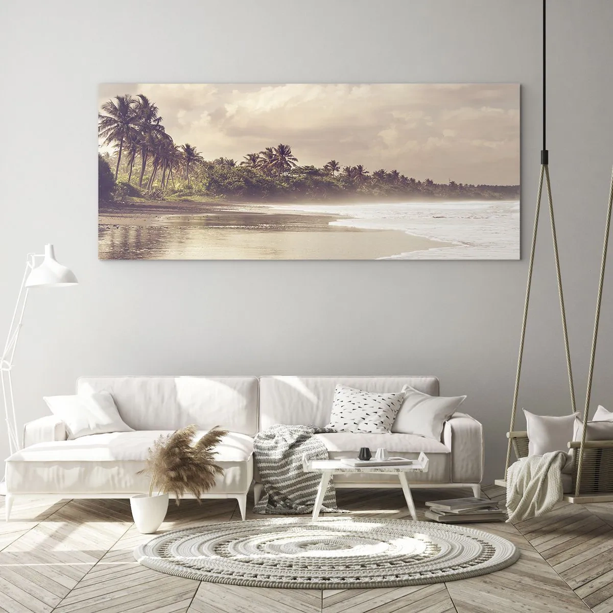 Glasbild - Bild auf glas - Ein Strand mit Palmen und sanften Wellen am Morgen - 120x50cm - Die Liebkosung der Wellen - Moderne Wanddekoration für Wohnzimmer und Schlafzimmer ARTTOR