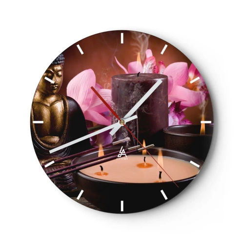 Wanduhr - Glasuhr - Ein Set aus Kerzen, Räucherstäbchen und einer Buddha-Skulptur mit rosa Blüten - 30x30cm - Den Geist frei machen, den Körper beruhigen - Moderne Wanddekoration für Wohnzimmer, Küche und Schlafzimmer ARTTOR